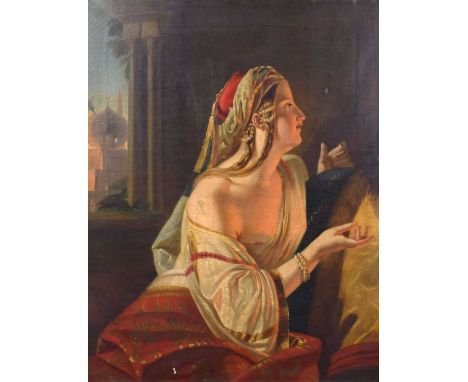 Orientalist School (19th century) "The Harem Girl" Unsigned, oil on canvas.89cm x 68cm (35in x 26.75in)The painting is in goo