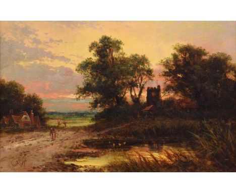 Frank Hider (British 1861-1933) Rural sunset with church and figure Signed and dated 1890, oil on canvas.18.5cm x 29cm (7.25i