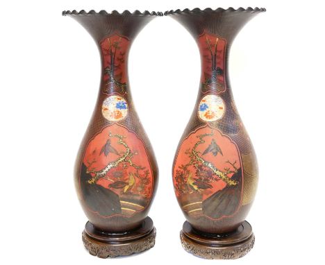 Pair of large Japanese lacquered porcelain vases Pair of large Japanese lacquered porcelain vases, the ovoid bodies with flar