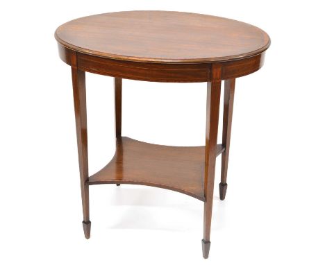 Edwardian Mahogany Occasional Table Edwardian mahogany occasional table, oval top with boxwood stringing and satinwood cross-