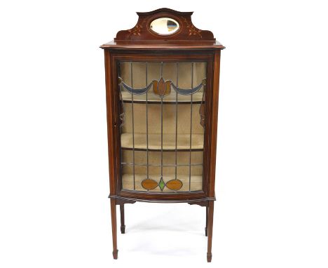 Edwardian Mahogany Stained Glass Display Cabinet Edwardian mahogany bow-fronted display cabinet, shaped gallery with bevelled