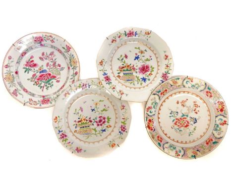 Four Chinese Famille Rose plates Four Chinese Famille Rose plates, painted with floral subjects, late 18th or early 19th cent