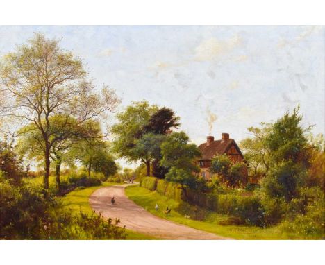 James Hey Davies R.C.A. (British 1844-1930) Rural lane with cottage and chickens Signed and dated 1905, oil on canvas.49.5cm 