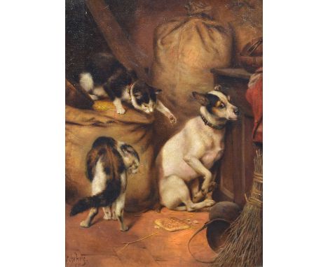 Herbert William Weekes (British 1841-1914) Cowering dog with two cats Signed, oil on canvas.39cm x 29cm (15.25in x 11.5in)The