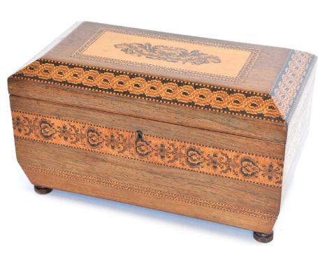 Tunbridge ware tea caddy Tunbridge ware rosewood tea caddy, floral and geometric mosaic designs to the exterior, the interior