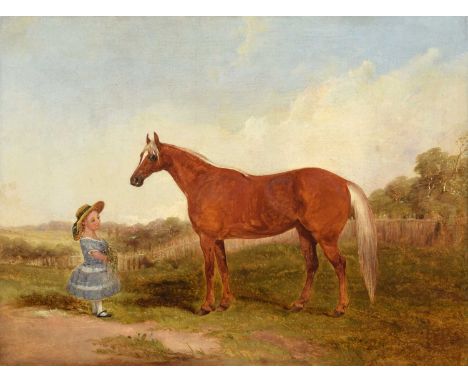 English School (19th century) Portrait of a standing chestnut horse and a girl Unsigned, oil on canvas.44.5cm x 59.5cm (17.5i