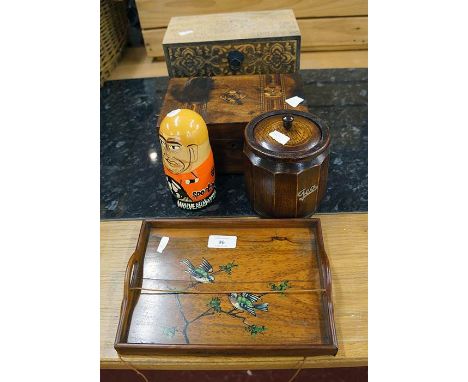 2 wooden jewellery boxes, small oak tea caddy, Russian doll and hand painted tray