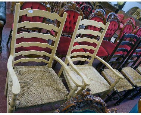 Pair of rush seated ladder back armchairs