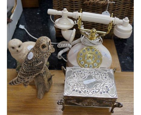 Telephone, model owls and Art Nouveau style trinket box