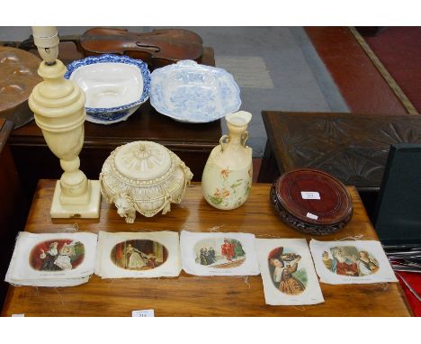 Collectables to include marble table lamp, early printed silks etc