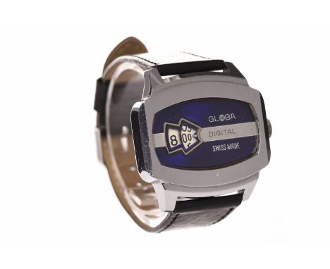 GENTLEMAN'S GLOBA DIGITAL STAINLESS STEEL QUARTZ WRIST WATCH
the rounded rectangular blue dial with two tapered apertures, on