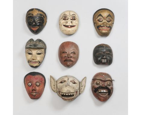 Java and Bali, nine polychrome wooden wayang topeng masks. H. 14,5 - 19 cm. [9]