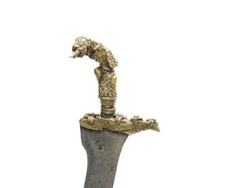 Central-Kalimantan, Banjermasin, small and rare kris, straight iron blade, the bronze hilt and ganja shaped as a raksasa with