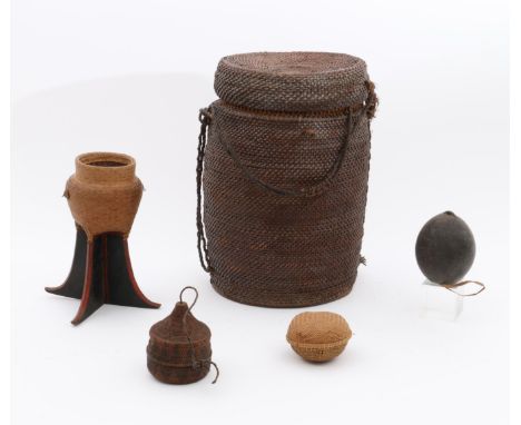 Indonesia, three lidded plant fiber boxes, a plant fiber bowl on wooden stand and India, a lidded wooden box decorated with p