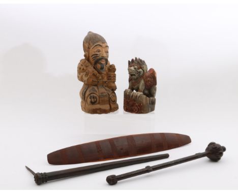 Bali, two wooden statues, Aboriginal, a wooden shield and an wrought iron club. Herewith a implement with iron pointy blade. 