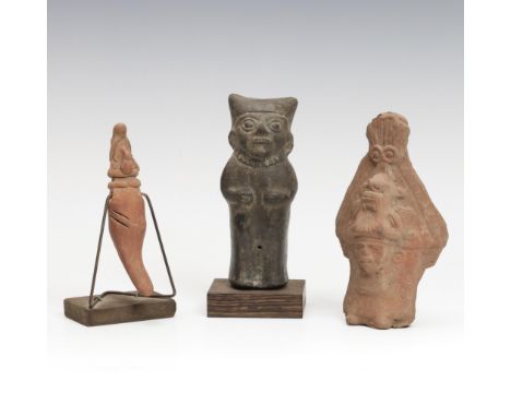 Mexico, Maya, a priest figure as a rattle, 600-900 AD and Moche, priest figure, 100-700 AD. Herewith an antique terracotta am