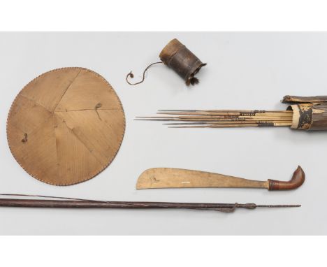 Mentawei Island, a wooden knife, a bow, a bamboo arrow container with arrows and a pandan leaf headdress, collected by Reimar