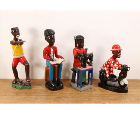 Ivory Coast, four carved and painted Colon figures; a man on scooter; young seamstress; hunter; man writing.  H. 48 - 63 cm. 