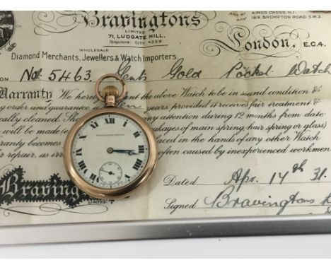 A Vintage 9ct Gold cased Bravingtons Renown pocket watch open face and key wind with original sales receipt for April 17th 19