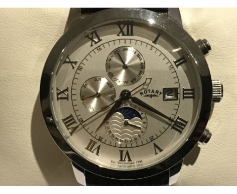 A Gents Rotary Chronograph watch with date feature, stainless steel case and black leather strap, automatic, complete with bo