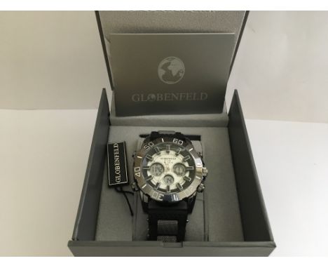 A Gents Globenfeld Chronograph watch, the V12 with a black case and white dial which is battery operated. Working order (may 