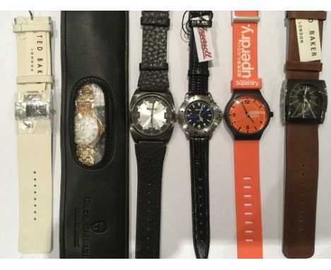 A collection of six designer name watches including two Ted Baker watches, Bench, Ingersoll, Superdry and an Enzo Giomani. Al