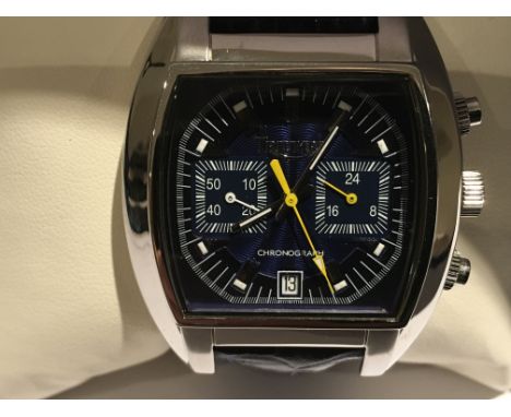 A Gents Triumph Chronograph watch with date feature on a dark blue face, stainless steel case and blue leather strap, complet