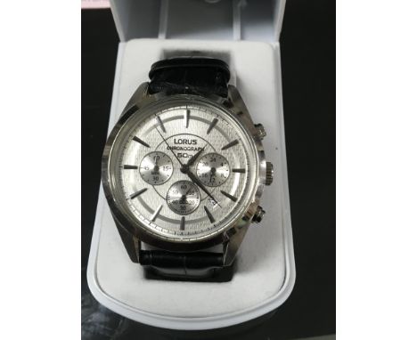 A Lorus chronograph with silvered dial and applied leather strap. Postage to the U.K. is £12. 