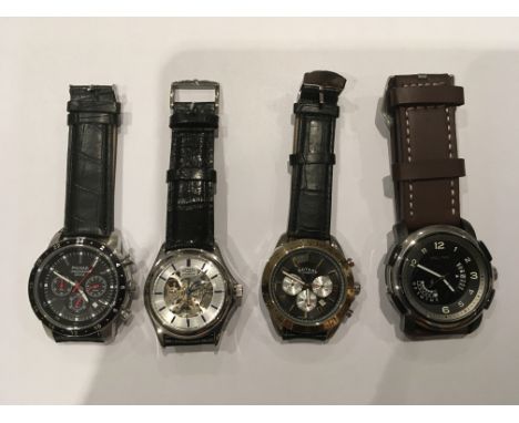 A collection of four watches, including a Pulsa Chronograph, a Rotary with a skeleton dial, a Rotary and one other. Some in w