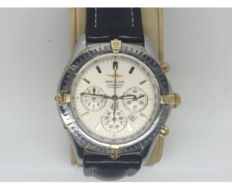 A Gents Breitling Chronometere, a Quality Watch with three subsidiary dials date apature, full working order with a black lea