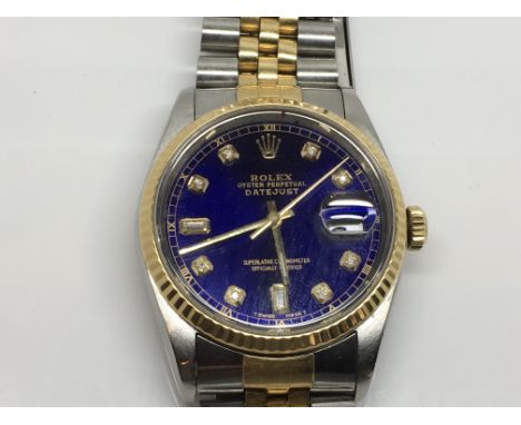 A gents Rolex DateJust Superlative Chronometer with a Royal blue dial and diamond numerals, by-metal 18ct gold and steel case