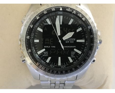 A nice quality Citizen Chronograph gents watch with stainless steel case and bracelet, boxed and in working order. Postage to