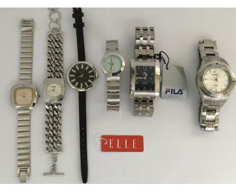 A quantity of six designer name watches including a Bench, Fila, Head, Elle and two others, some as new and in working order.