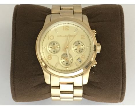 Michael Kors Chronograph boxed watch (40ml diam) in a gold colour stainless steel case and bracelet, complete with instructio