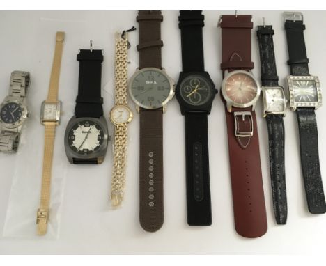 A bag containing nine designer name watches which includes a ladies Rotary, Bench and an Ingersoll, some in working order. (9