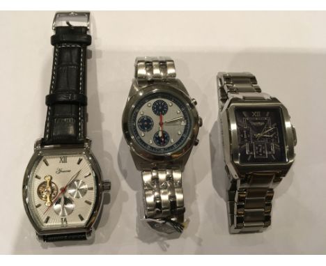 Three Gents Chronograph watches, with two having stainless steel case and bracelets and one with stainless steel case and lea