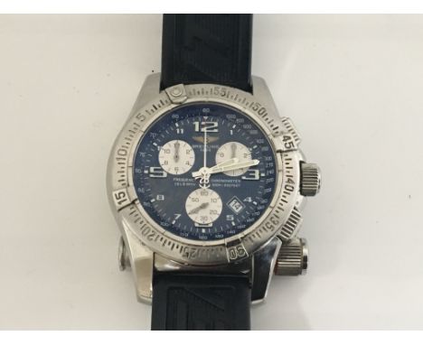 A Gents Breitling Frequency Chronometer Emergency Watch 100m/330ft. The complex blue dial with date aperture and three subsid