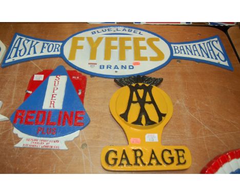 A modern cast metal Fyffes Blue Label advertising sign together with an AA Garage, and Redline Plus sign (3)