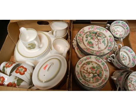 Two boxes of china wares to include Susie Cooper part tea service in the Nasturtium pattern together with Indian Tree part te