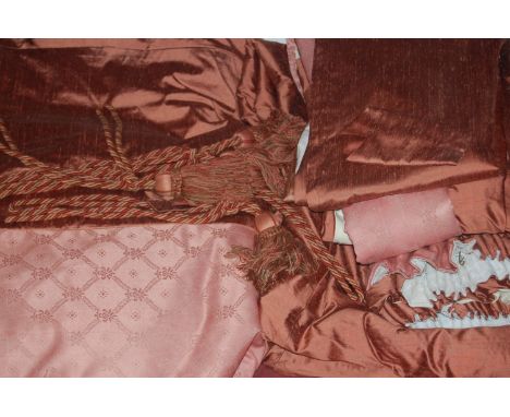 A selection of salmon pink silk lined curtains, approx 234 x 262cm; together with various other curtains 