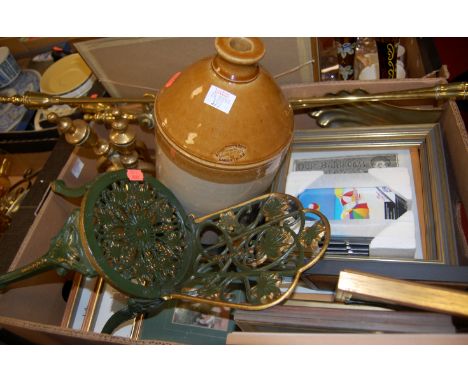 Mixed lot to include Greene King & Sons Ltd of Haverhill stoneware jar, turned brass fire tools, and various pictures etc