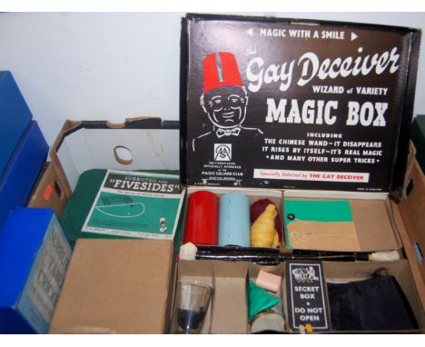 A box of assorted childrens games to include; The Gay Deceiver, Wizard of Variety Magic Box, Subbuteo table soccer and table 