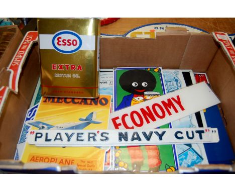 A collection of modern enamel, plastic and cardboard advertising signs to include Shell, Player's Navy Cut, and Meccano etc