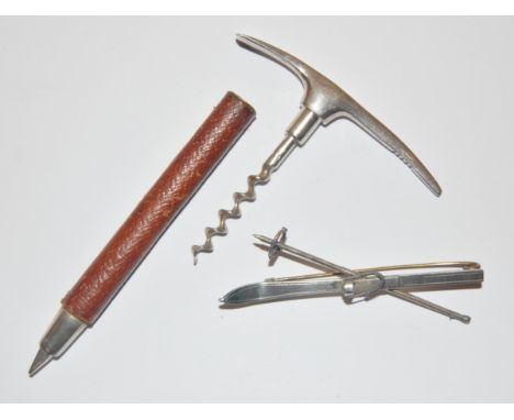 A silver plated bar brooch in the form of a ski and pole; and a Danish corkscrew and sleeve in the form of an ice-pick (2)