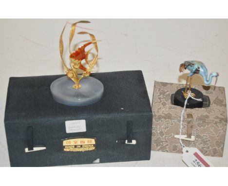 A Su Hai Chinese silver gilt and enamel sky crane, raised on polished hardstone base, h.7cm; and one other of a sun fish (bro