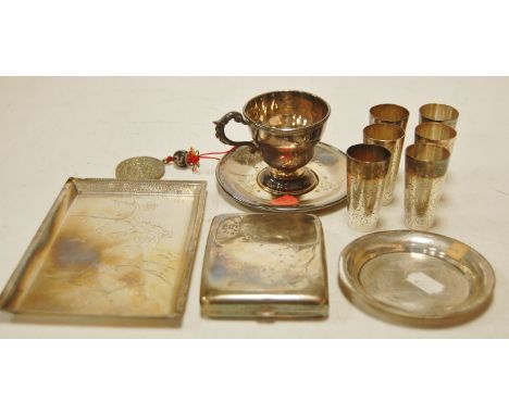 Assorted Japanese silver and white metal wares to include pocket cigarette case, teacup and saucer, shot beakers etc