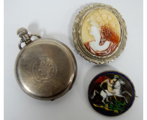 A silver cased gents full hunter pocket watch, having keyless movement, carved shell cameo portrait brooch, and an enamelled 