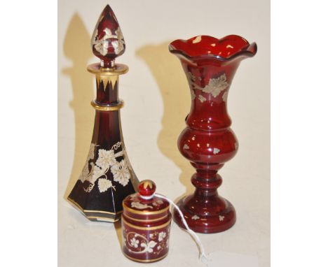 Ruby glass scent bottle and stopper with gilt enamel decoration and two other pieces of ruby glass (3) Condition Report / Ext