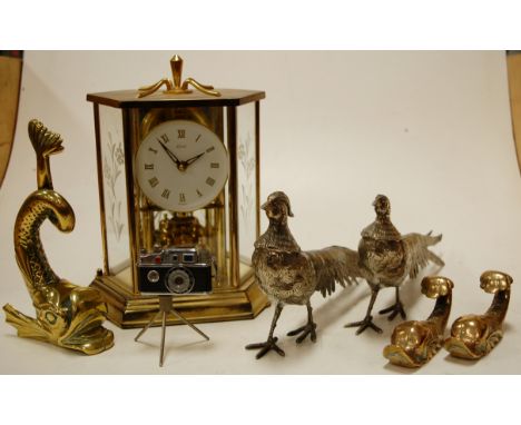 Mixed lot to include brass cased anniversary clock, a pair of silver plated pheasants, and brassware etc