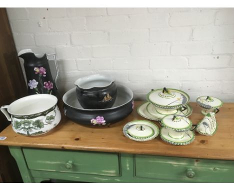 A collection of ceramics including a jug and basin set and Deco style dinnerware.